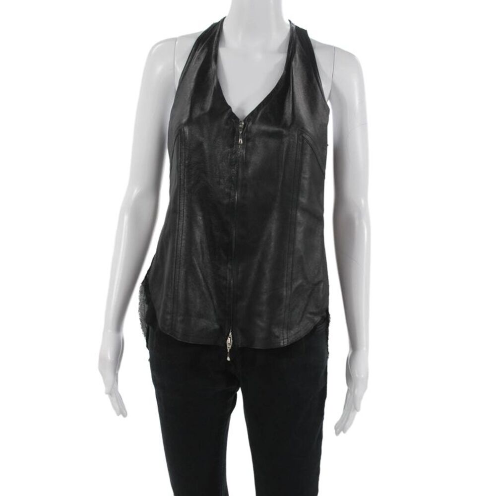 Illia Women Biker Leather Rayon V Neck Zip Sleeveless Tank Black Size 4